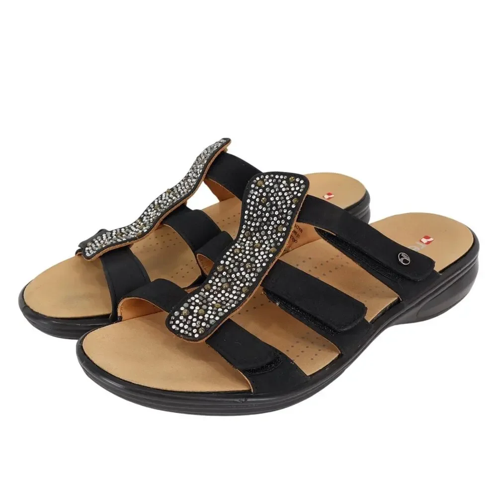 Revere Women's Catalina Onyx Black Leather Slip On Sandal Size 8
